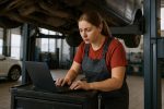 Žena v pracovnom overale a červenom tričku, s vlasmi stiahnutými do chvosta, stojí v autoservise pri vyzdvihnutom aute a pracuje na notebooku, ktorý má položený na pojazdnom servisnom vozíku. V pozadí je vidno ďalšie auto a okno autoservisu.