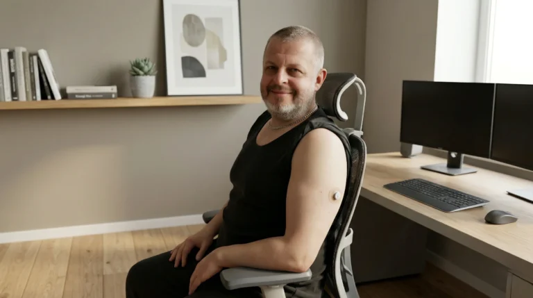 Fotografia Mareka Straku z redakcie Spišiakoviny, ktorý sedí vo svojej pracovni a usmieva sa. Na odhalenom ramene má aplikovaný kontinuálny glukózový monitor (CGM senzor) Syai. Marek má na sebe čierne tielko a sedí v ergonomickej stoličke pred pracovným stolom s monitormi. Na pozadí je drevená polica s knihami a kaktusom.