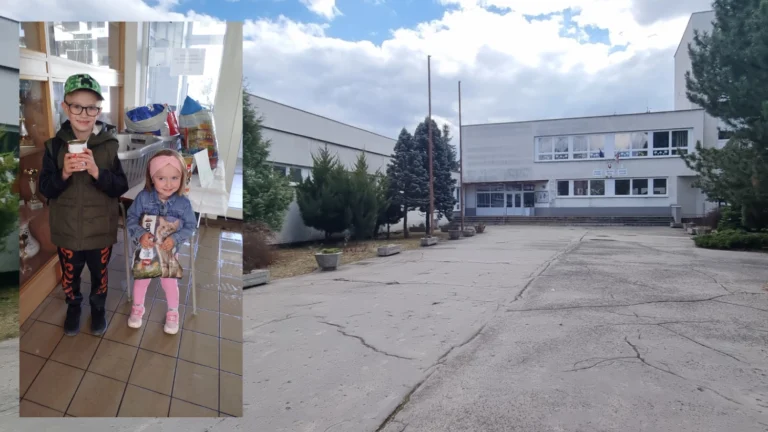 Fotokoláž k zbierke pre útulok: vľavo deti na ZŠ Hutnícka s darovaným krmivom, vpravo pohľad na budovu školy.