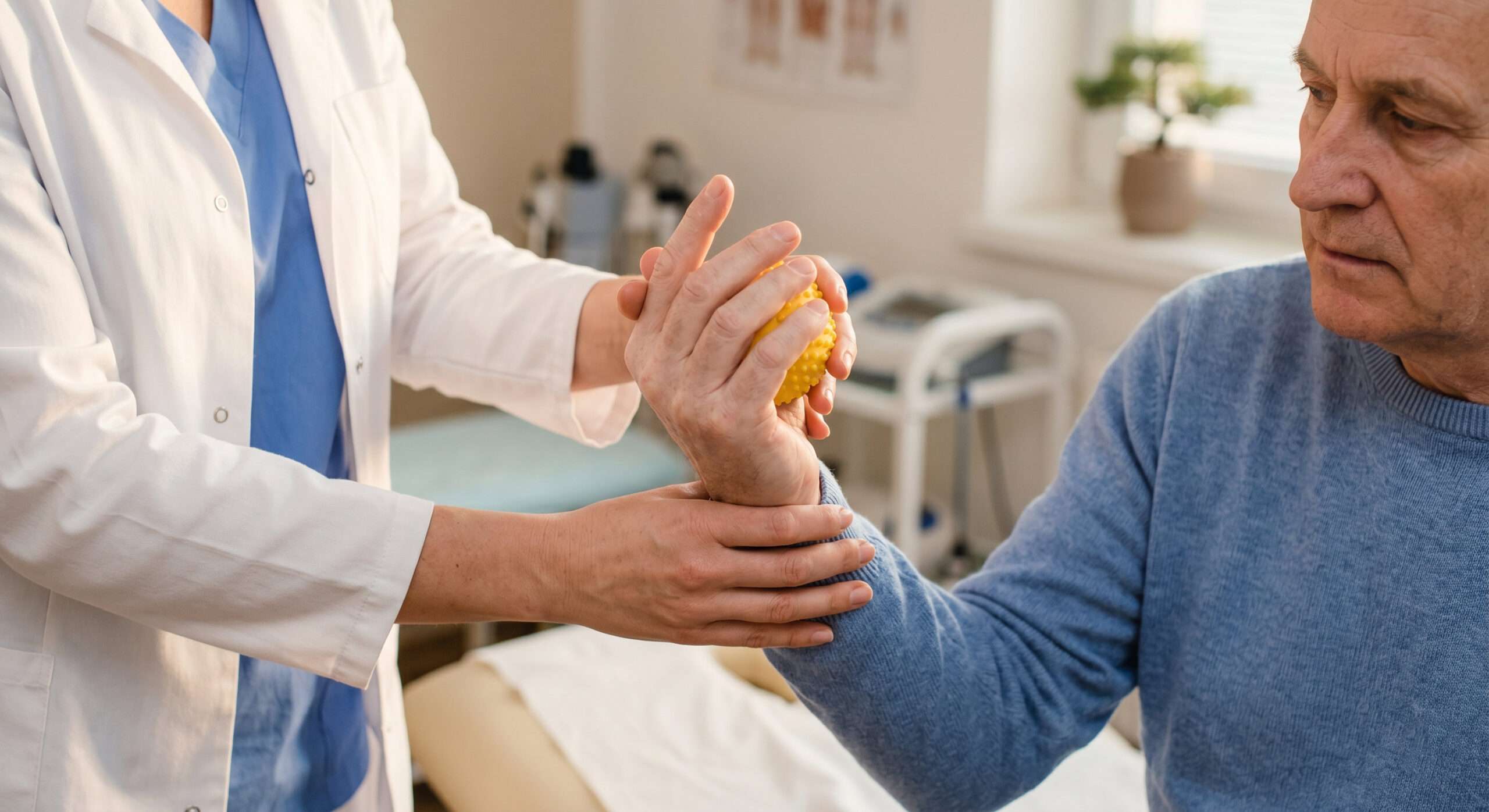 Rehabilitácia stuhnutej ruky pacienta po cievnej mozgovej príhode v nemocnici