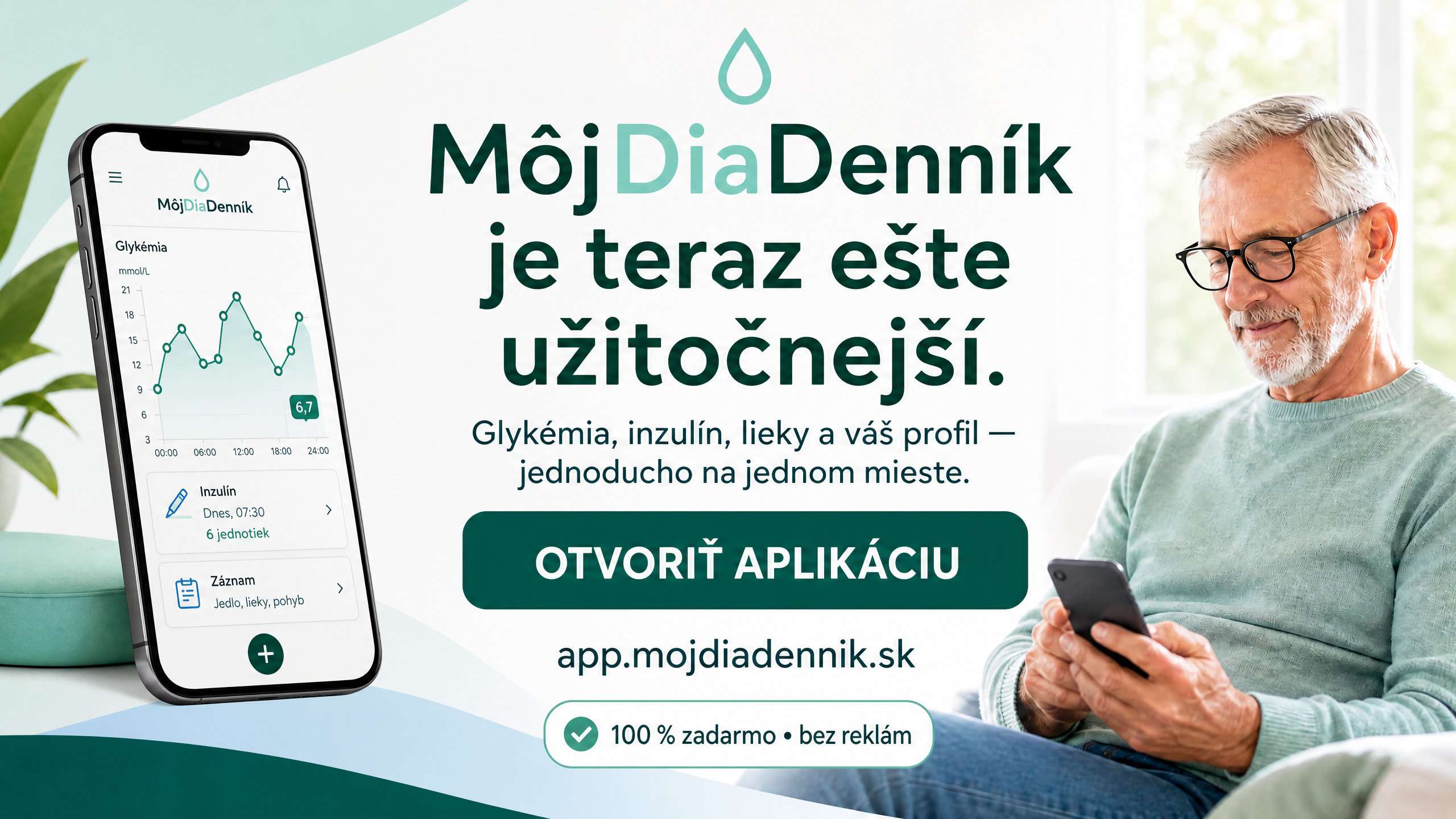 MôjDiaDenník – jednoduché sledovanie glykémie, inzulínu, liekov a profilu. Otvoriť aplikáciu na app.mojdiadennik.sk.