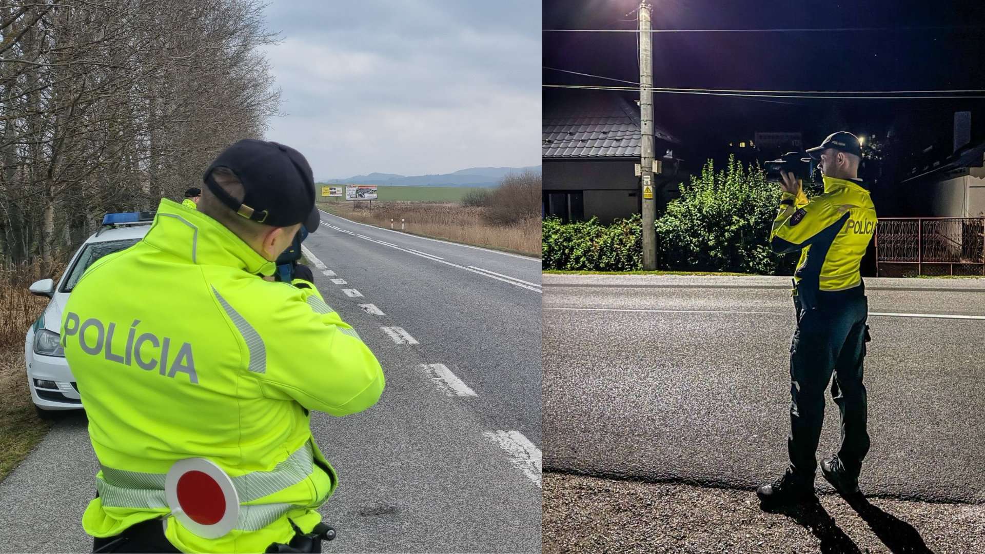 Kombinovaný obrázok s dvoma fotografiami vedľa seba zobrazuje slovenských policajtov pri výkone služby. Ľavá fotografia je odfotografovaná počas dňa a ukazuje policajta zozadu, oblečeného vo fluorescenčnej žlto-zelenej bunde s nápisom „POLÍCIA“ a čiernej čiapke otočenej dozadu. Mieri radarom na meranie rýchlosti dolu asfaltovou diaľnicou. Zastavovací terč má na opasku a policajné auto je zaparkované neďaleko pod zamračenou oblohou. Pravá fotografia je odfotografovaná v noci a je osvetlená priamym osvetlením zhora. Zobrazuje policajta (možno toho istého, videného väčšinou zozadu) oblečeného v podobnej fluorescenčnej bunde s nápisom „POLÍCIA“ a čiernej čiapke. Drží profesionálnu videokameru upevnenú na ramene vedľa tmavej krajnice s domom v pozadí.