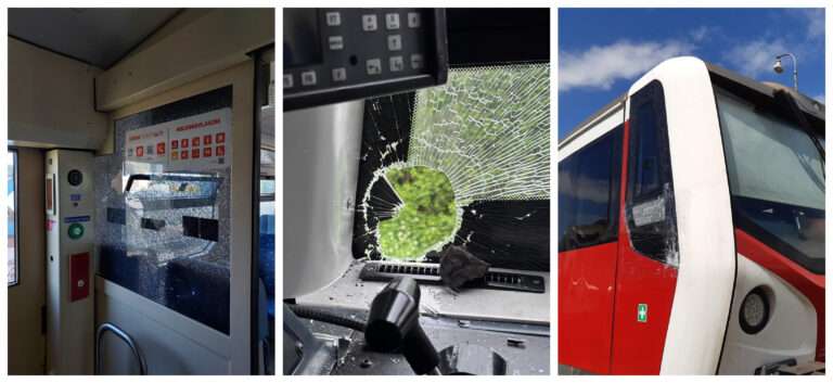 Tri zábery zobrazujúce následky vandalizmu na vlakoch ZSSK: Zľava detail na rozbité vnútorné bezpečnostné sklo dverí v interiéri vlaku s informačnými nálepkami. V strede pohľad z kabíny rušňovodiča na rozbité čelné sklo s viditeľným otvorom a kameňom na palubnej doske. Vpravo vonkajší pohľad na poškodené čelo moderného červeno-bieleho vlaku po zásahu kameňom.