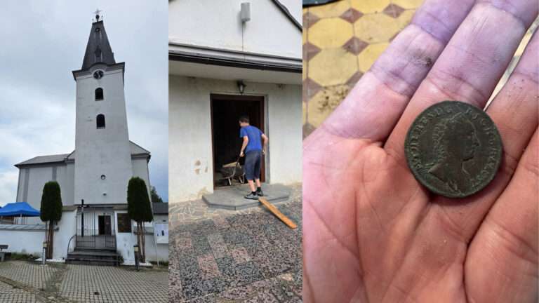 Koláž z archeologického výskumu v Smižanoch: exteriér Kostola Povýšenia svätého Kríža, prebiehajúce práce a nález historickej mince z roku 1762.