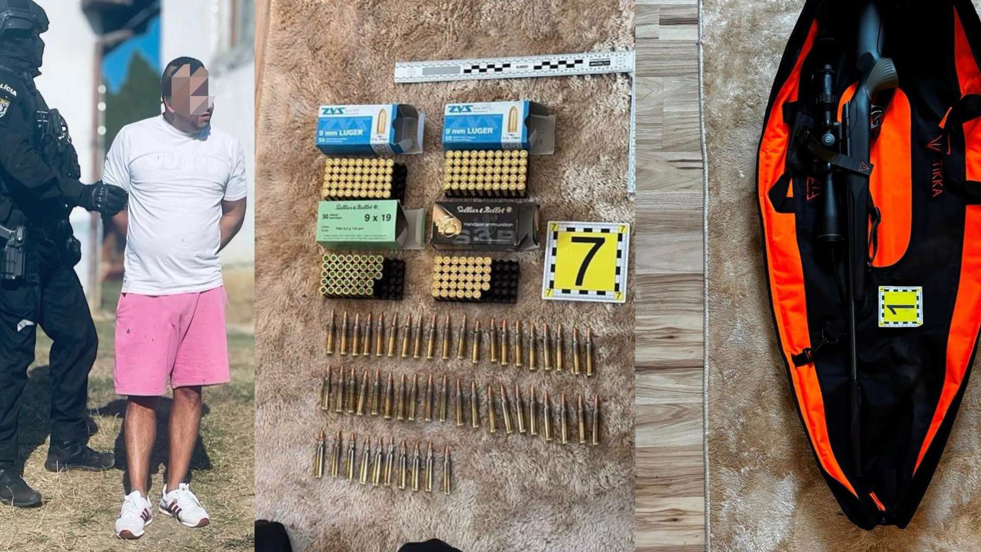 Koláž troch fotografií z policajnej akcie v Popradskom kraji. Vľavo policajt v taktickej výstroji a kukle zatýka muža v bielom tričku a ružových šortkách na trávniku. V strede je na chlpatom koberci rozložené zaistené strelivo, vrátane krabičiek s nábojmi 9mm Luger a Sellier & Bellot 9x19, voľných nábojov, meradla a kriminalistického čísla 7. Vpravo je v otvorenom čierno-oranžovom vaku s logom Tikka uložená zaistená guľová zbraň s puškohľadom a kriminalistickým číslom 1.