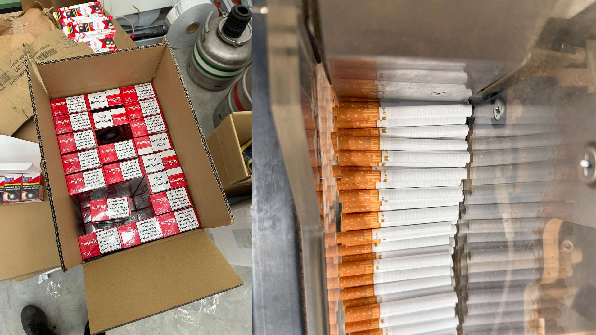 Dva spojené obrázky v priemyselnom prostredí. Na ľavej strane je pohľad zhora na otvorenú kartónovú škatuľu zaplnenú krabičkami cigariet Marlboro. Na pravej strane je detailný pohľad na rad hotových cigariet s oranžovými filtrami v podávači stroja, s viditeľným opakujúcim sa logom Marlboro.