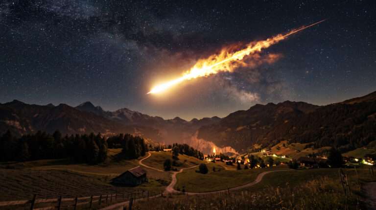 Žiarivý meteor (bolid) s hrubou žlto-oranžovou ohnivou stopou prelietavajúci cez nočnú oblohu plnú hviezd. Svojím jasom osvetľuje hornatú krajinu s malou dedinkou a kľukatou cestou v údolí.