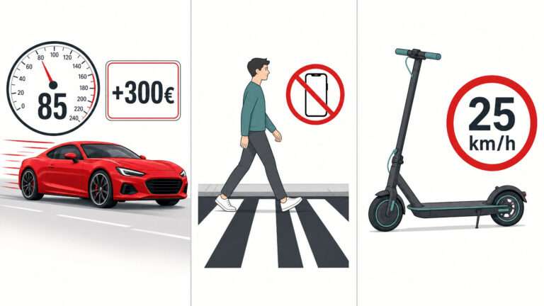 Infografika znázorňujúca tri hlavné zmeny v novej vyhláške o cestnej premávke: rýchle auto s tachometrom a označením pokuty 300 €, chodec na priechode so zákonom používania mobilu a elektrická kolobežka s obmedzením rýchlosti na 25 km/h.