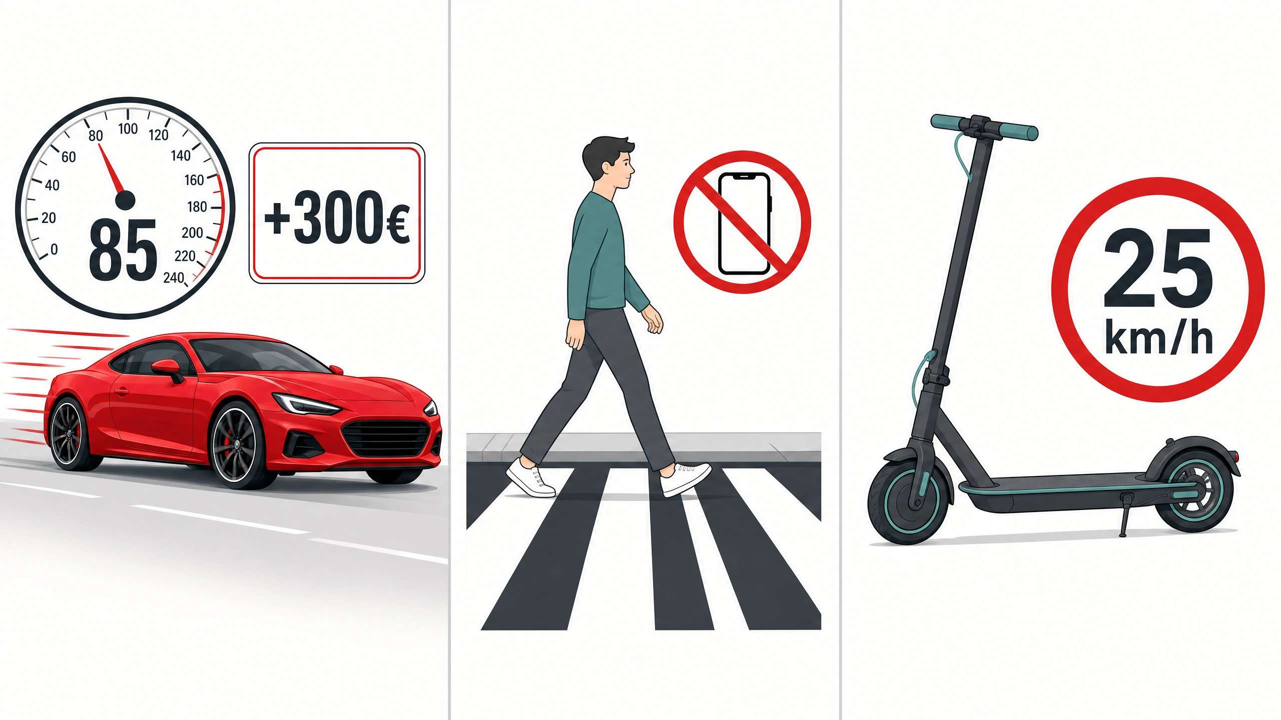 Infografika znázorňujúca tri hlavné zmeny v novej vyhláške o cestnej premávke: rýchle auto s tachometrom a označením pokuty 300 €, chodec na priechode so zákonom používania mobilu a elektrická kolobežka s obmedzením rýchlosti na 25 km/h.