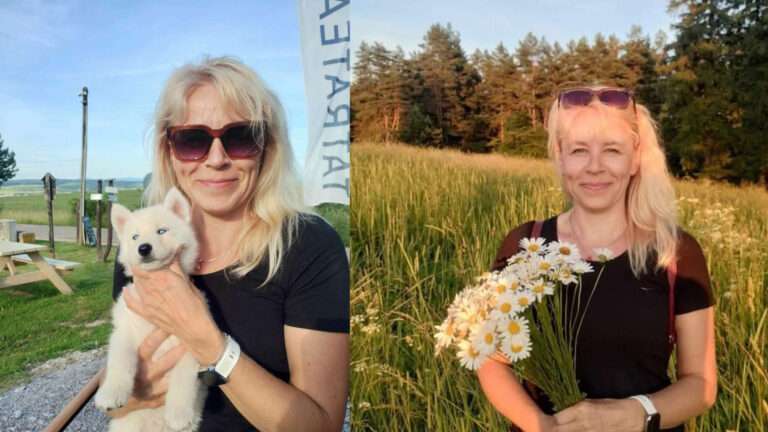 Dvojica fotografií Janky Barillovej, autorky pesničky „Iglov, Novejša, Spišská Nová Ves“. Na oboch sa usmieva a fotky zachytávajú jej osobnosť. Na ľavej fotografii drží biele šteniatko huskyho, na pravej stojí v lúke s kyticou margarétok s lesom v pozadí.