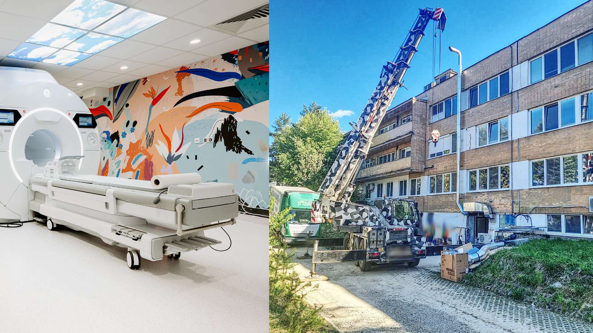 Dvojdielna fotografia. Na ľavej strane je moderná miestnosť pre magnetickú rezonanciu (MRI) s veľkým bielym skenerom, pohyblivým lôžkom a farebnou abstraktnou nástennou maľbou. Na pravej strane je exteriérová scéna, kde je zaparkované veľké, zložité žeriavové vozidlo vedľa viacposchodovej staršej budovy, pravdepodobne nemocnice, s robotníkmi a krabicami na zemi pod ním počas dňa.