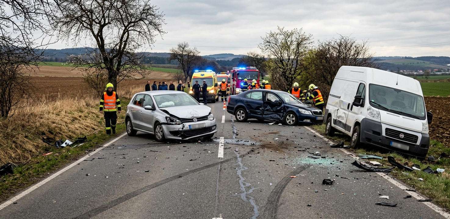 Vážna dopravná nehoda na ceste medzi Spišským Štvrtkom a Hrabušicami. Následky zrážky troch vozidiel – strieborného Volkswagenu, tmavej Škody a bielej dodávky Fiat za prítomnosti záchranných zložiek.