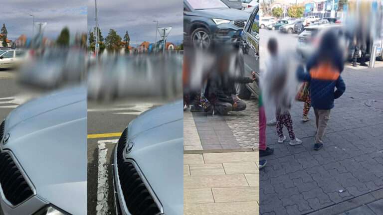 Koláž fotografií zachytávajúca parkovisko pri nákupnej zóne Neo Zóna a Kaufland v Spišskej Novej Vsi s automaticky rozostrenými osobami, podozrivou osobou pri aute a prítomnosťou polície.