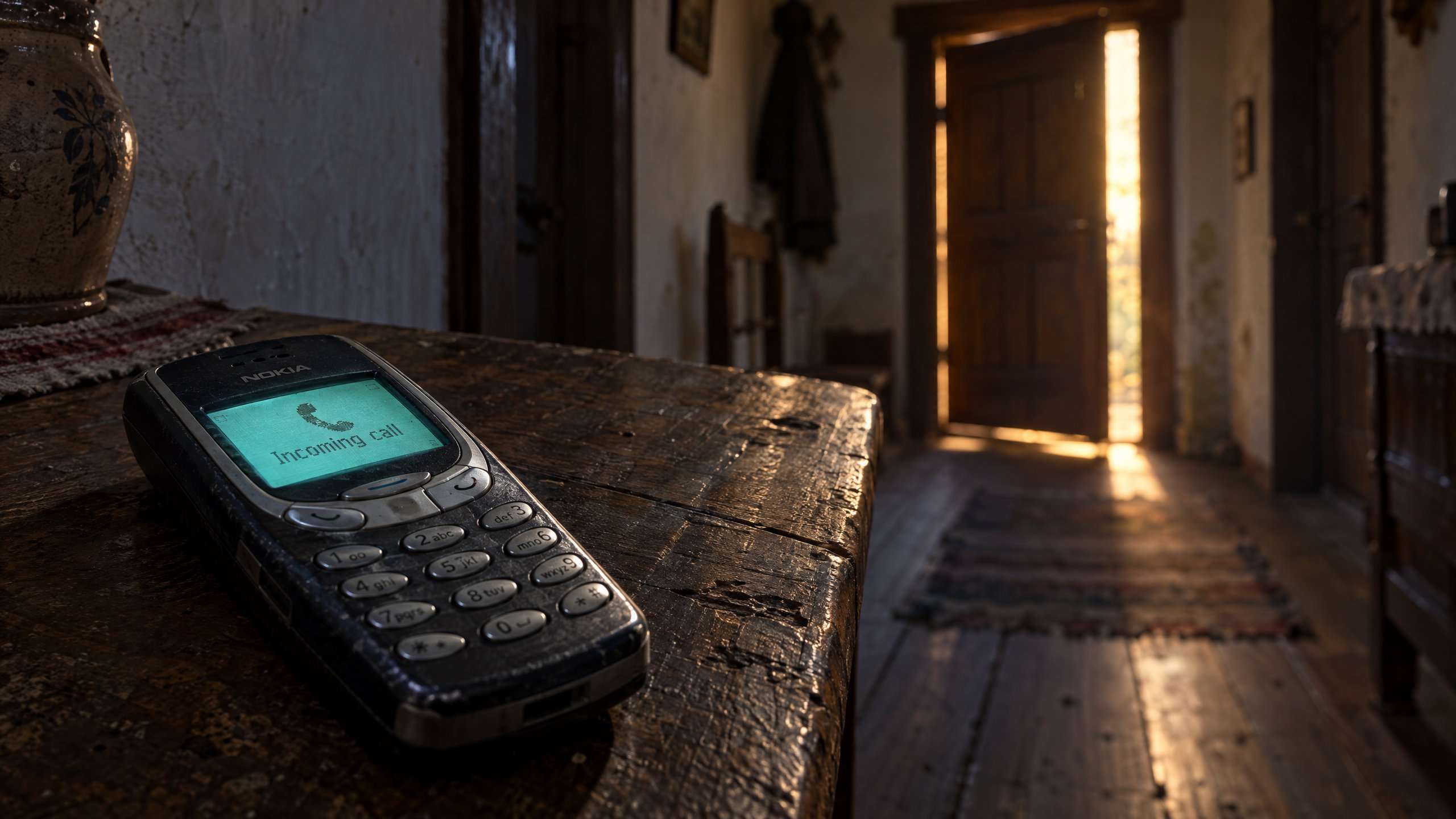 Starší tlačidlový mobilný telefón s prichádzajúcim hovorom na drevenom stole a pootvorené dvere v rodinnom dome, kde sa odohralo prepadnutie seniorky v okrese Rožňava.