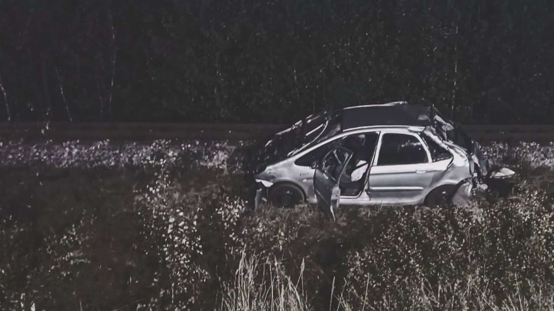 Čiernobiela fotografia zachytáva vrak strieborného osobného automobilu v noci mimo cesty. Vozidlo je prevrátené na pravý bok v hustej vysokej tráve a kríkoch, s viditeľnými poškodeniami karosérie a otvorenými dverami na strane vodiča. V pozadí je tmavý lesný porast. Scéna osvetlená reflektormi alebo bleskom naznačuje miesto dopravnej nehody.